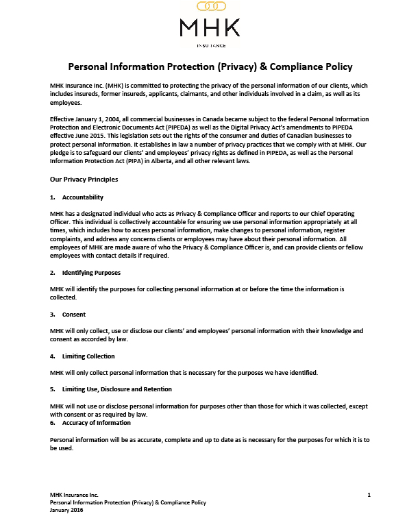 Mhk Personal Information Protection (privacy) & Compliance Policy 